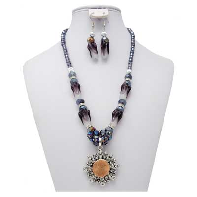 Purple Amethyst Beaded Silver-Tone SNAP Necklace and Earrings