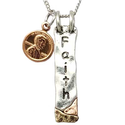 Faith Mini Penny Silver-Tone Necklace with Earrings - Image 2