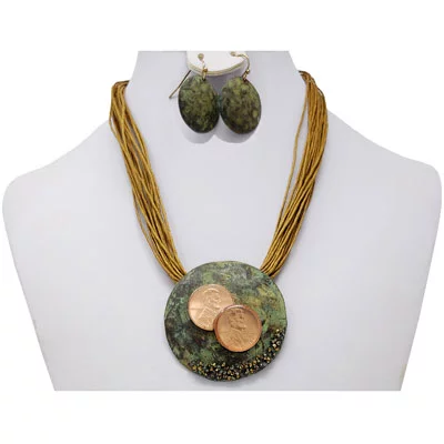 Copper Patina TWO Penny Rope Necklace with Earrings