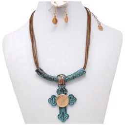 Copper Patina Cross Slider Penny Rope Necklace with Earrings